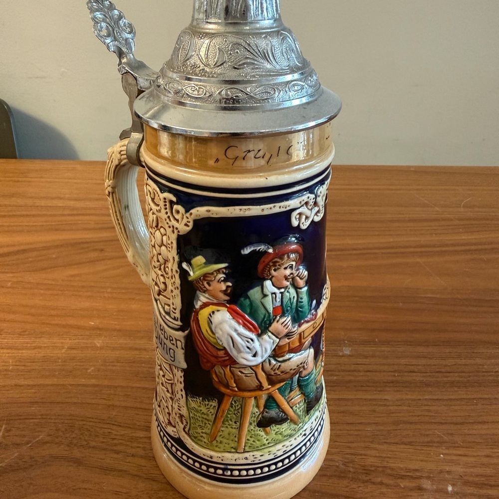 German-Style Ceramic Beer Stein with Pewter Lid - Navy & Cream